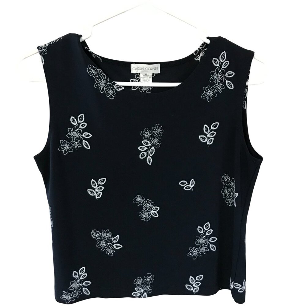 Casual Corner Embroidered Sleeveless Blouse, Dark Navy Cropped Top, Size S-M